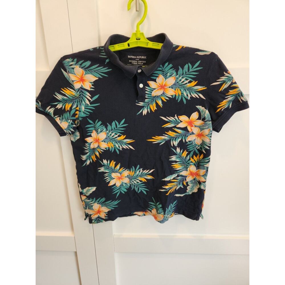 Banana Republic Polo Mens Large Blue Organic Cotton Pique Floral Summer Dadcore